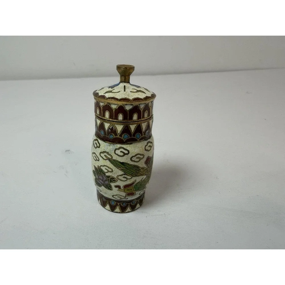 Minaiture Cloisonné Lidded Jar Vintage Bird Chicken? Design 2